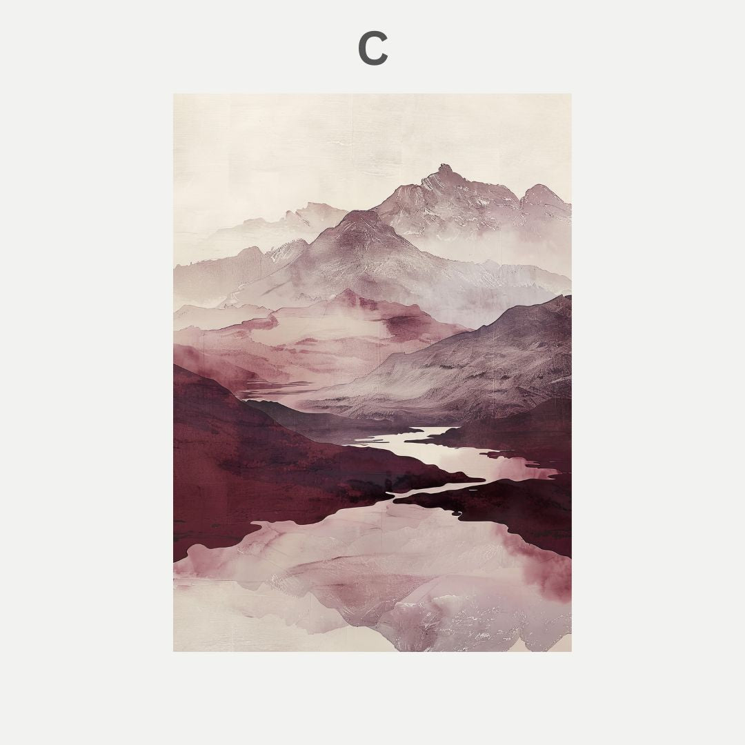 Mountain landscape with a lake, rendered in watercolor style on a beige background.