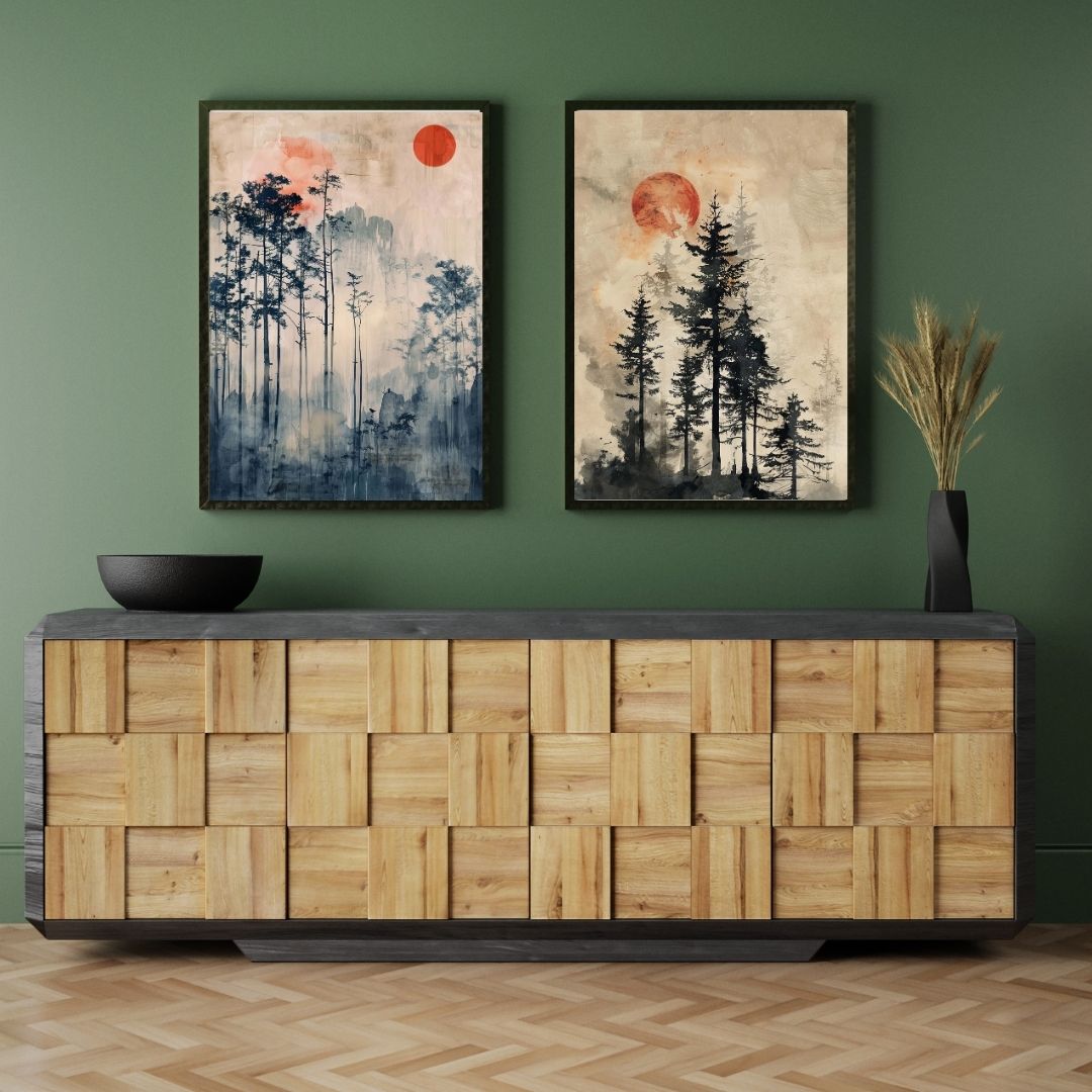 Japandi Abstract Landscape Wall Art Canvas Print Sunrise Serene Scenery Poster For Zen Living Room Decor