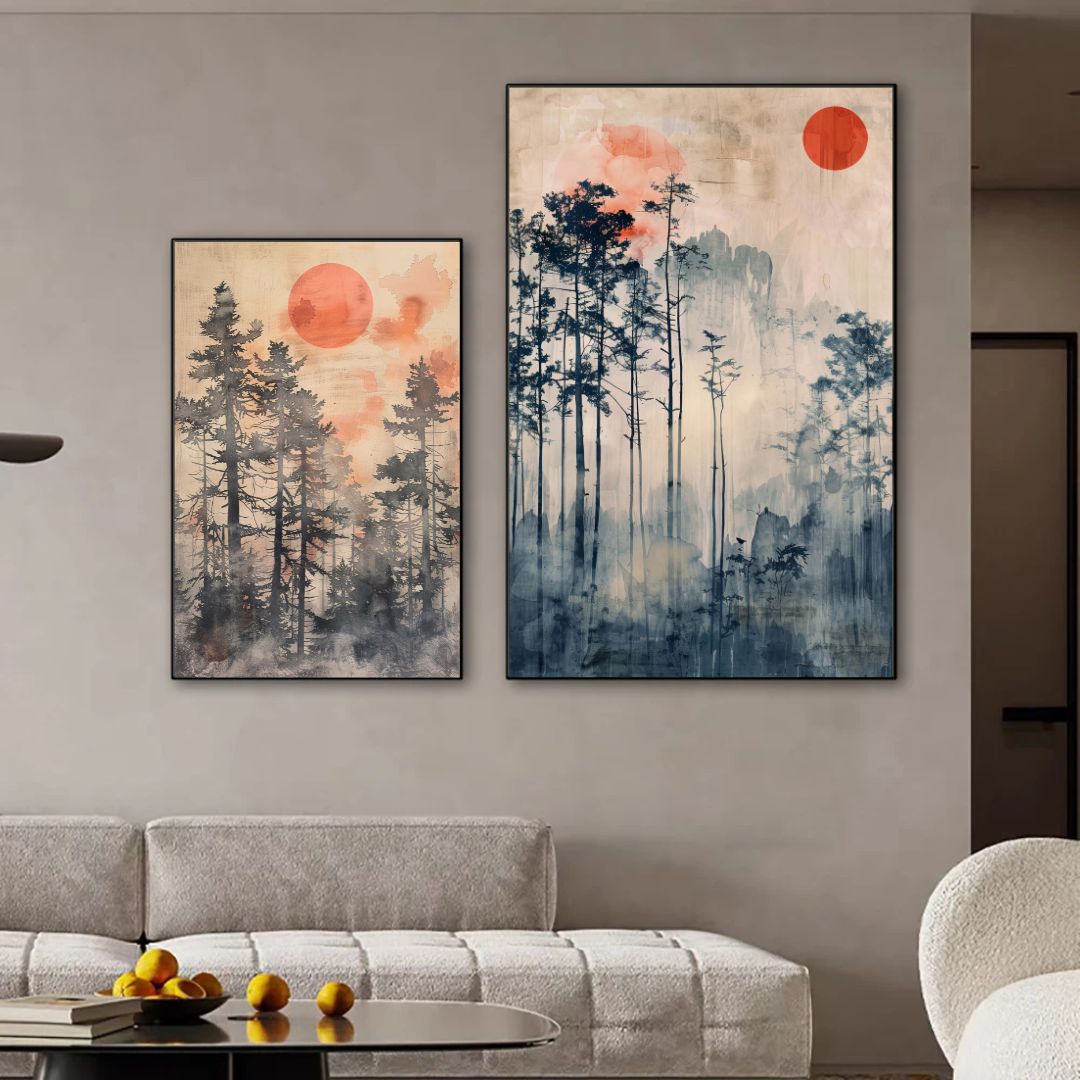 Japandi Abstract Landscape Wall Art Canvas Print Sunrise Serene Scenery Poster For Zen Living Room Decor