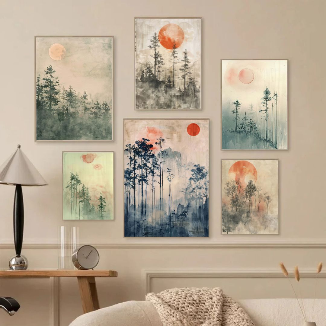 Japandi Abstract Landscape Wall Art Canvas Print Sunrise Serene Scenery Poster For Zen Living Room Decor