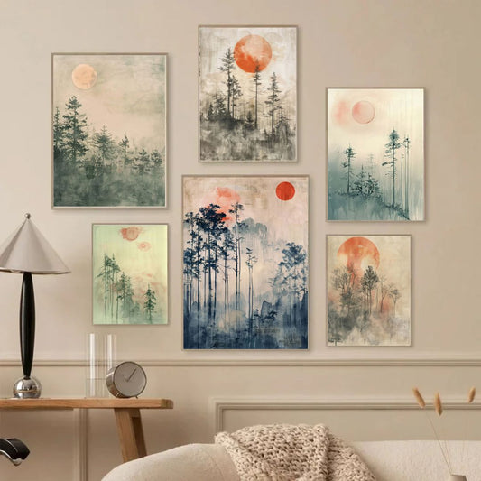 Japandi Abstract Landscape Wall Art Canvas Print Sunrise Serene Scenery Poster For Zen Living Room Decor