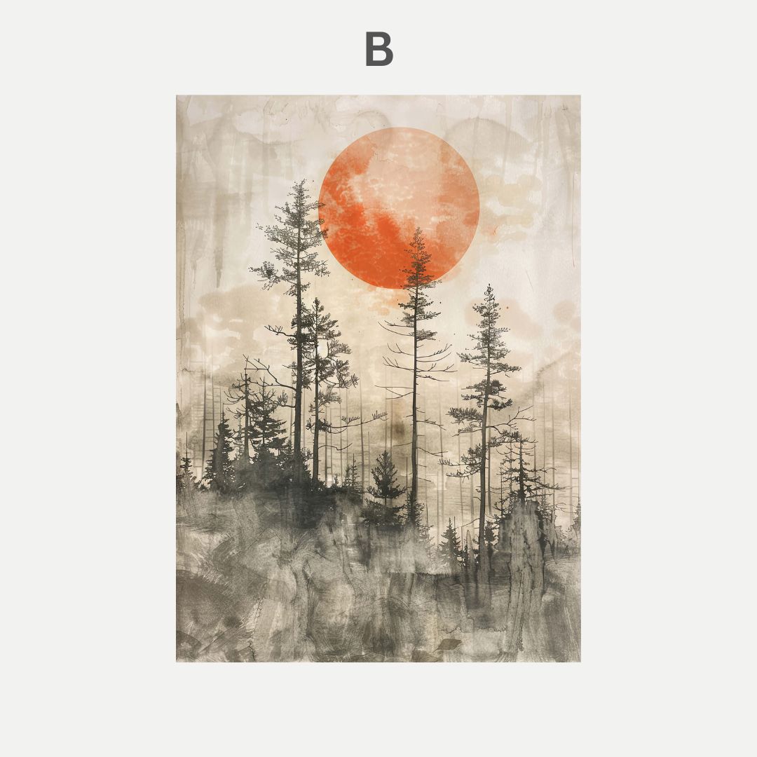 Artistic depiction of trees with a large orange sun in the sky on a textured background.