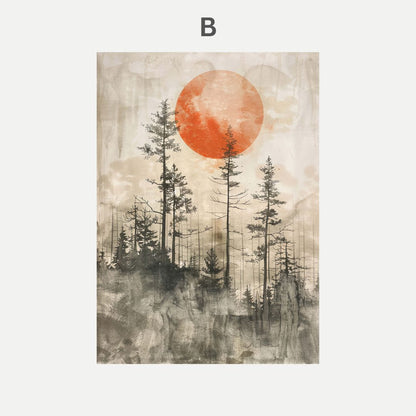 Artistic depiction of trees with a large orange sun in the sky on a textured background.