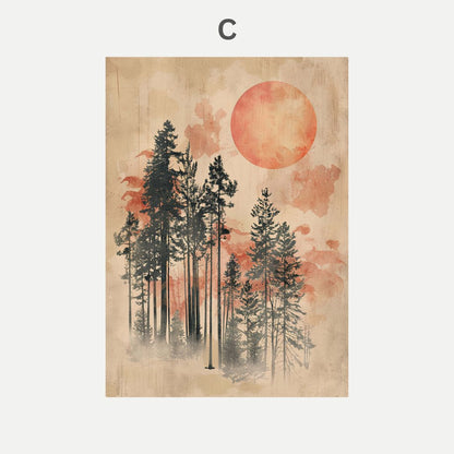 Artistic depiction of trees with a large orange sun in the sky on a textured beige background.