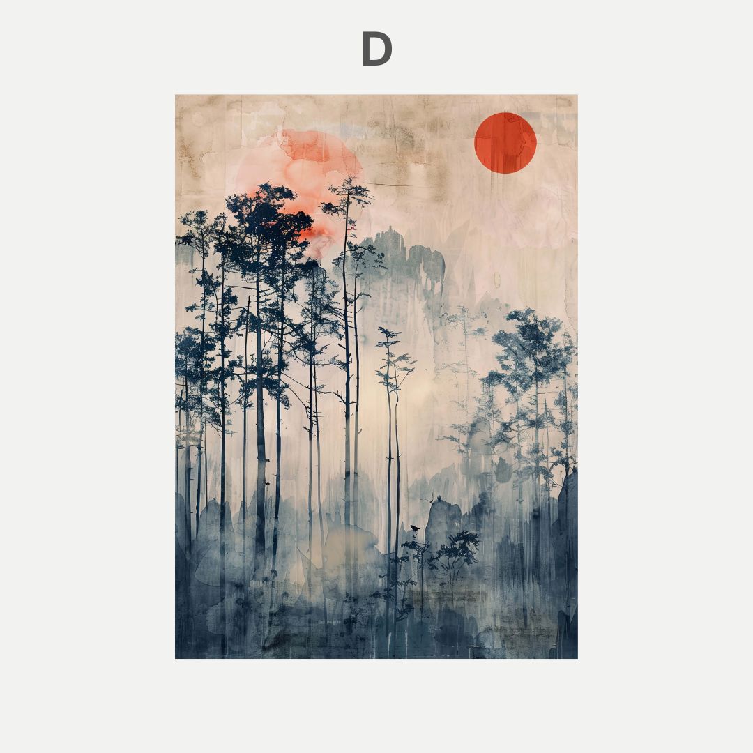 Artistic depiction of trees with a red sun in the sky background.