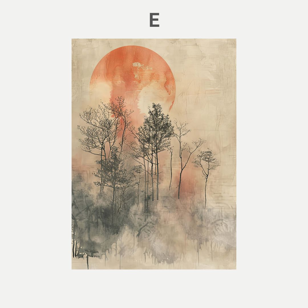 Artistic depiction of trees with a large orange sun in the sky on a textured beige background.