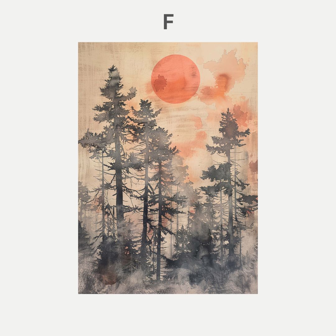 Art print of trees with a large orange sun in the sky on a textured beige background.