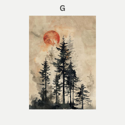 Artistic depiction of trees with a red sun in the sky on a textured background