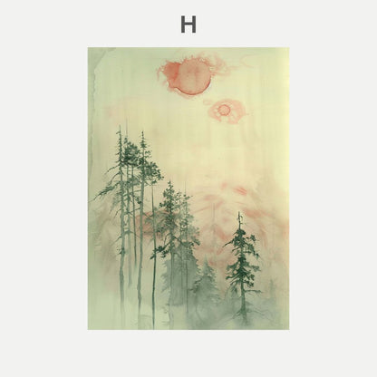 Artistic depiction of trees with a soft, pastel-colored background