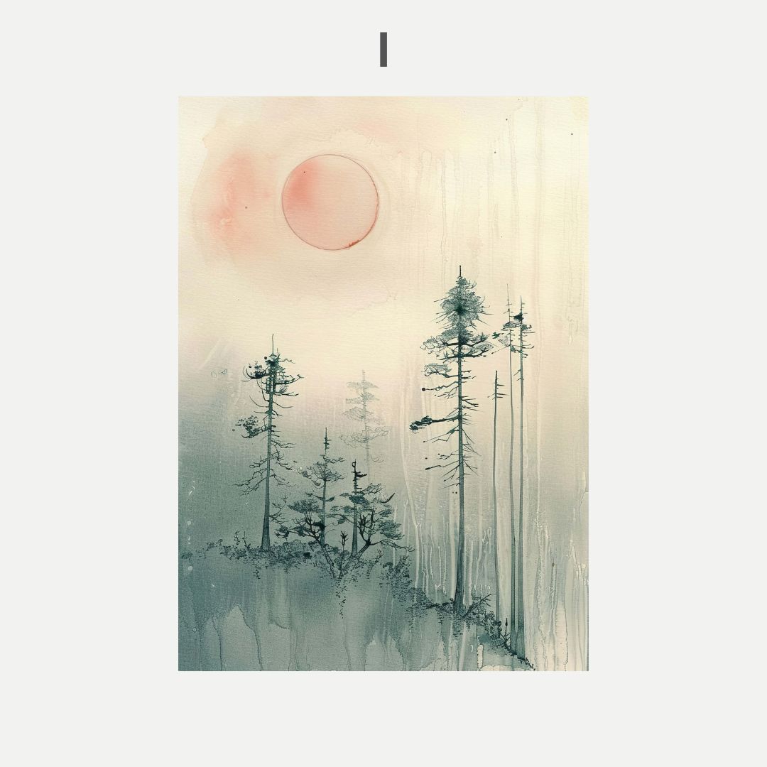 Artistic depiction of trees with a pink sun in the sky