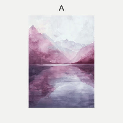 Abstract landscape with pink and purple mountains reflected in water on a light gray background