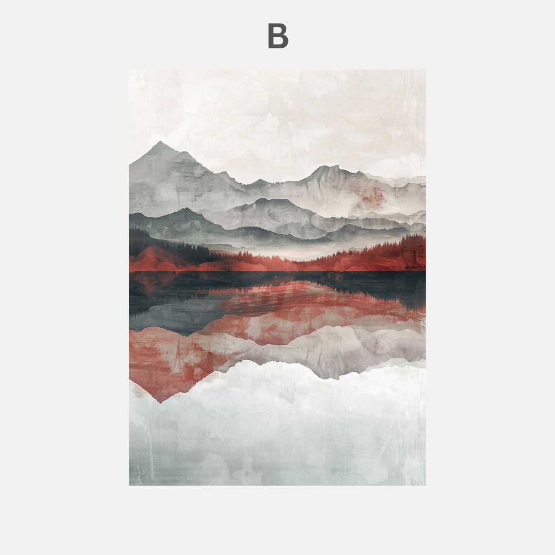Artistic depiction of mountains and a lake with a red and blue color scheme.