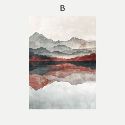 Artistic depiction of mountains and a lake with a red and blue color scheme.