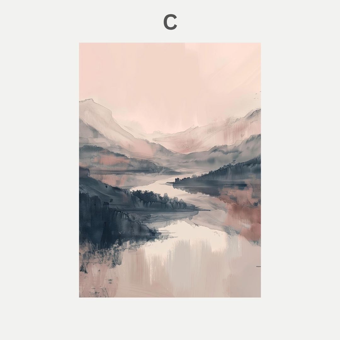 Misty mountain landscape with a lake, painted in soft pink and blue tones.