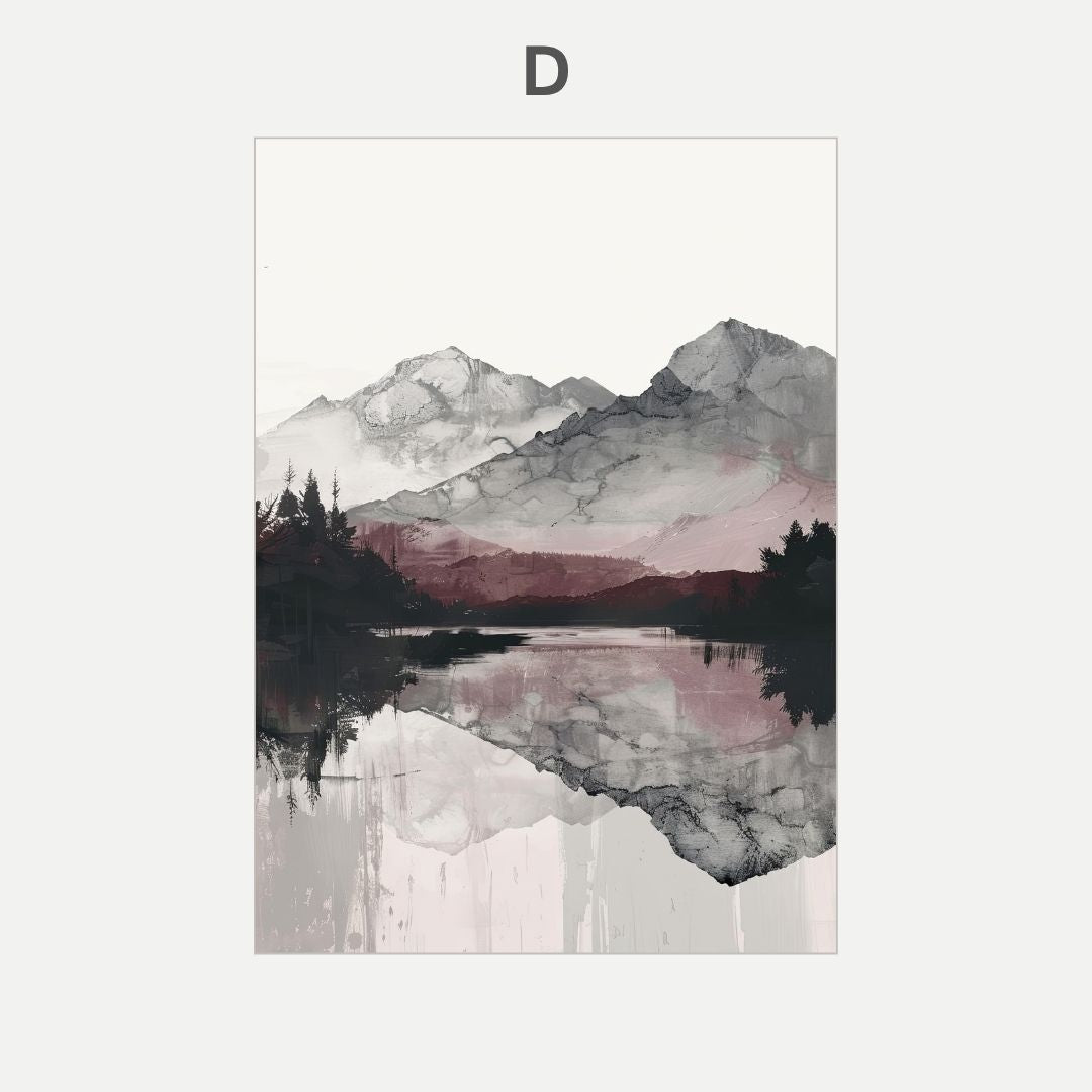 Artistic depiction of mountains reflected in water with a minimal white border.