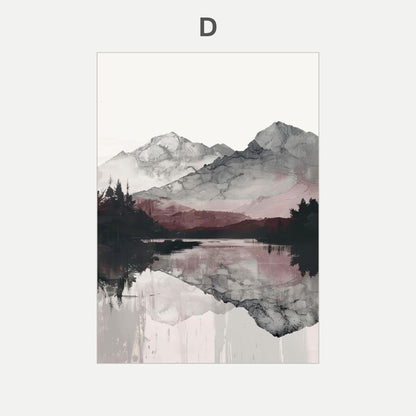 Artistic depiction of mountains reflected in water with a minimal white border.
