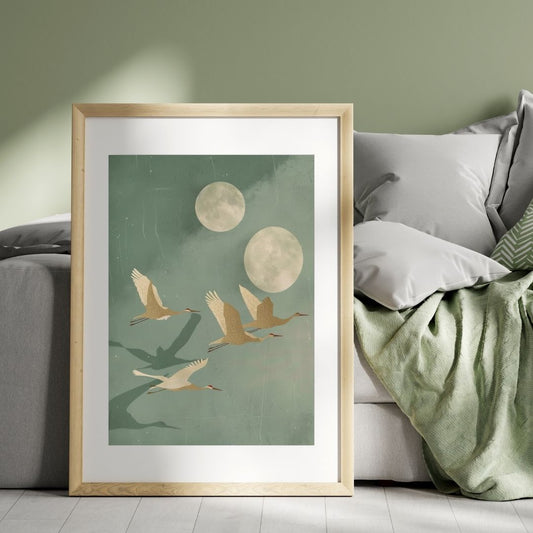 Japandi Crane Bird Moon Canvas Art Sage Pastel Tone Wall Art For Zen Living Room Bedroom Wall Decor