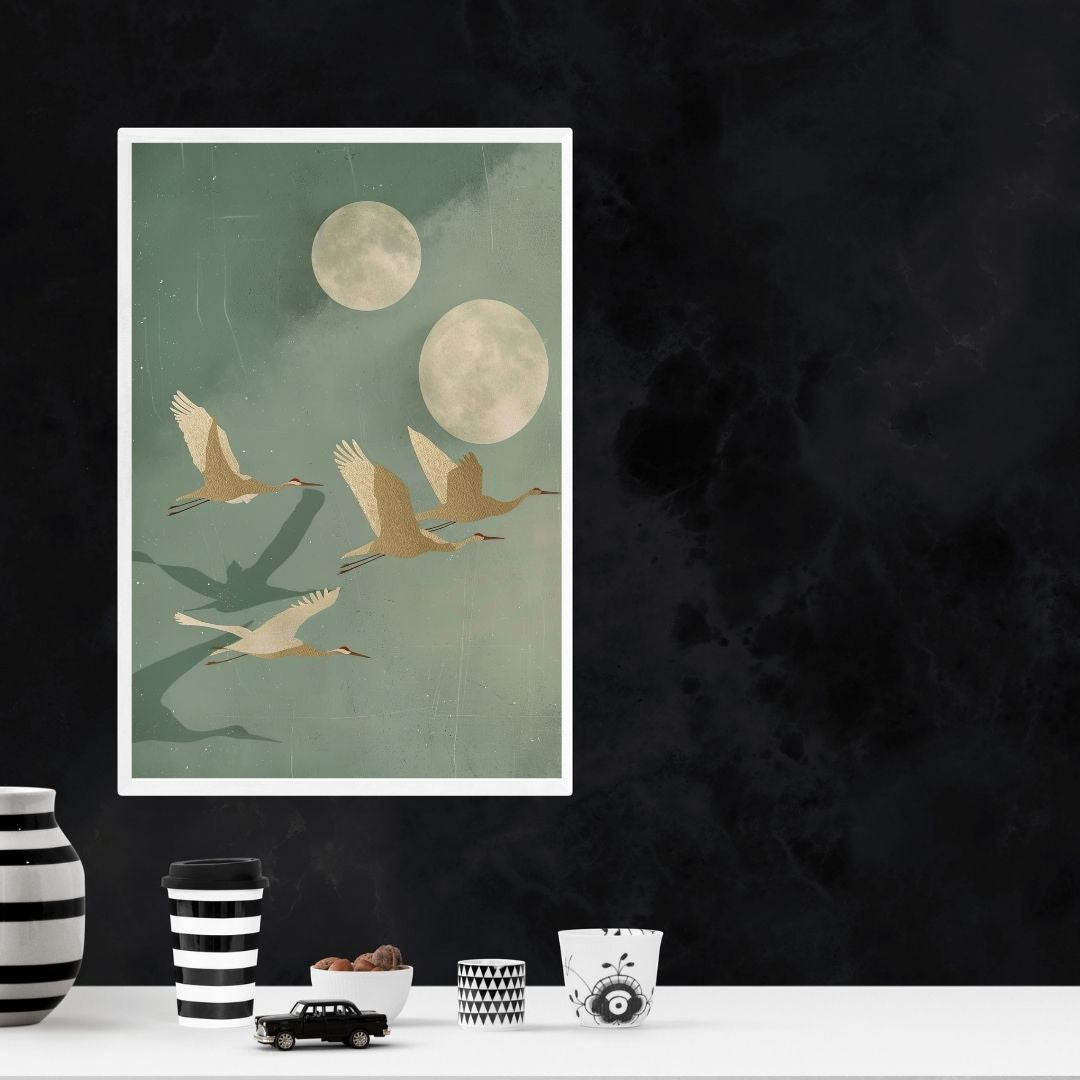 Japandi Crane Bird Moon Canvas Art Sage Pastel Tone Wall Art For Zen Living Room Bedroom Wall Decor