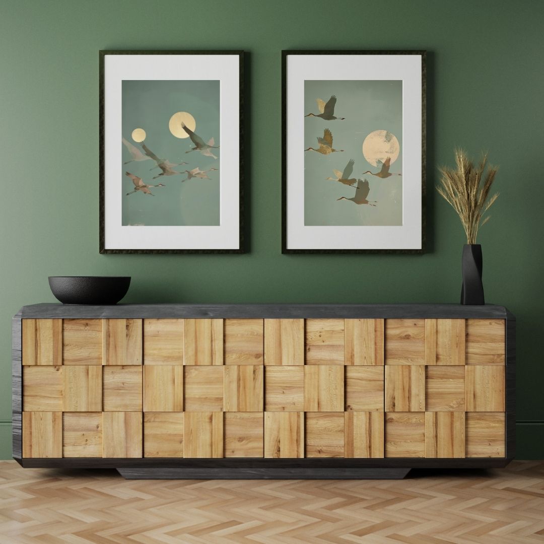 Japandi Crane Bird Moon Canvas Art Sage Pastel Tone Wall Art For Zen Living Room Bedroom Wall Decor