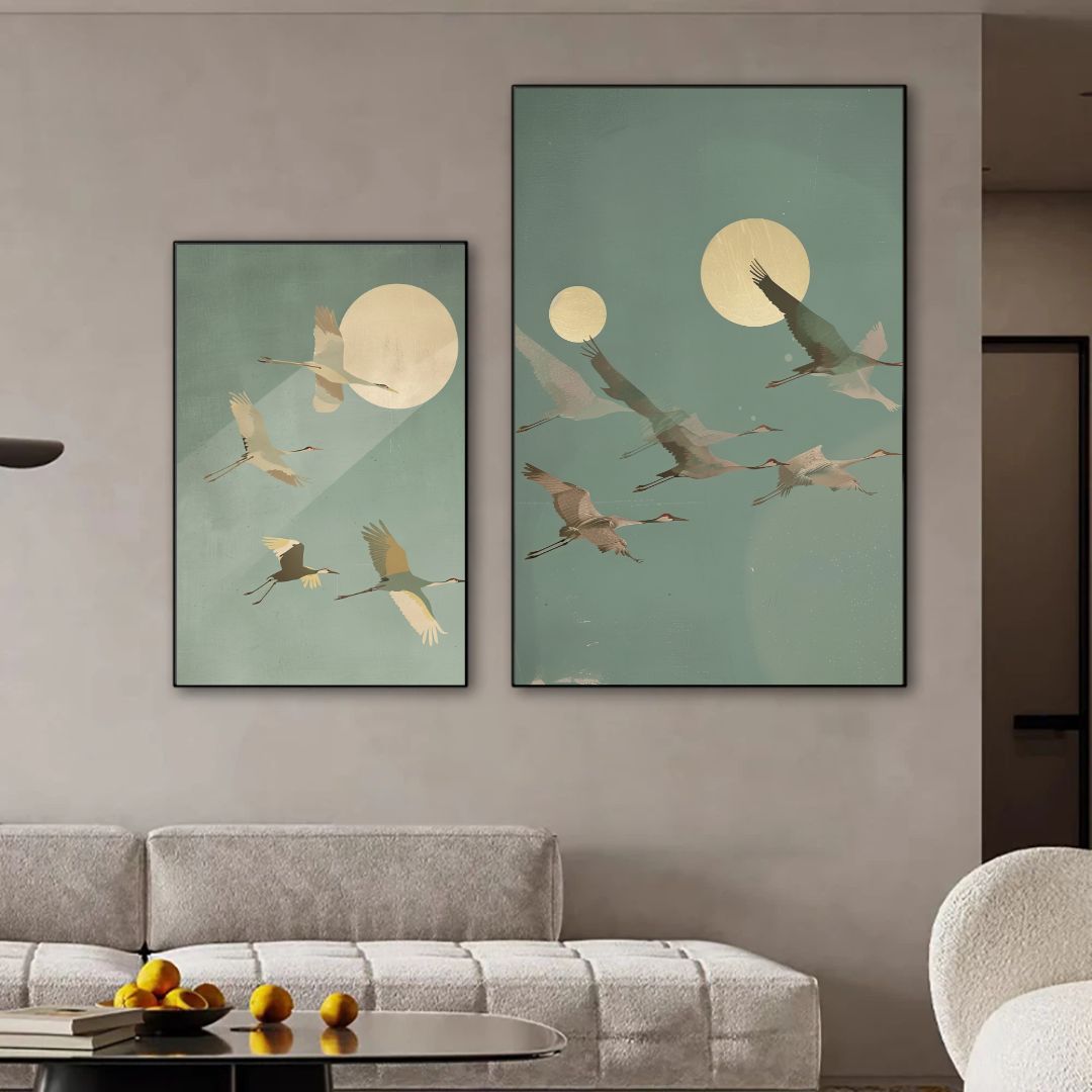 Japandi Crane Bird Moon Canvas Art Sage Pastel Tone Wall Art For Zen Living Room Bedroom Wall Decor