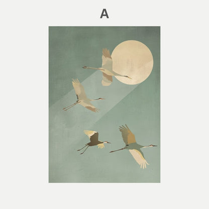 Illustration of cranes flying under a large moon on a green background