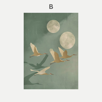 Illustration of cranes flying under a moonlit sky with two moons.