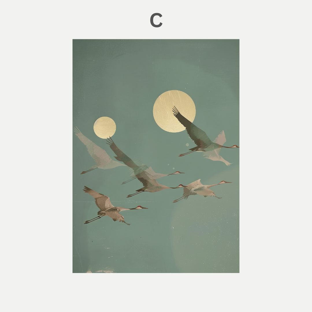 Illustration of cranes flying against a green sky with two yellow moons.