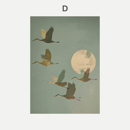 Illustration of cranes flying with a moon in the background on a greenish-blue gradient.