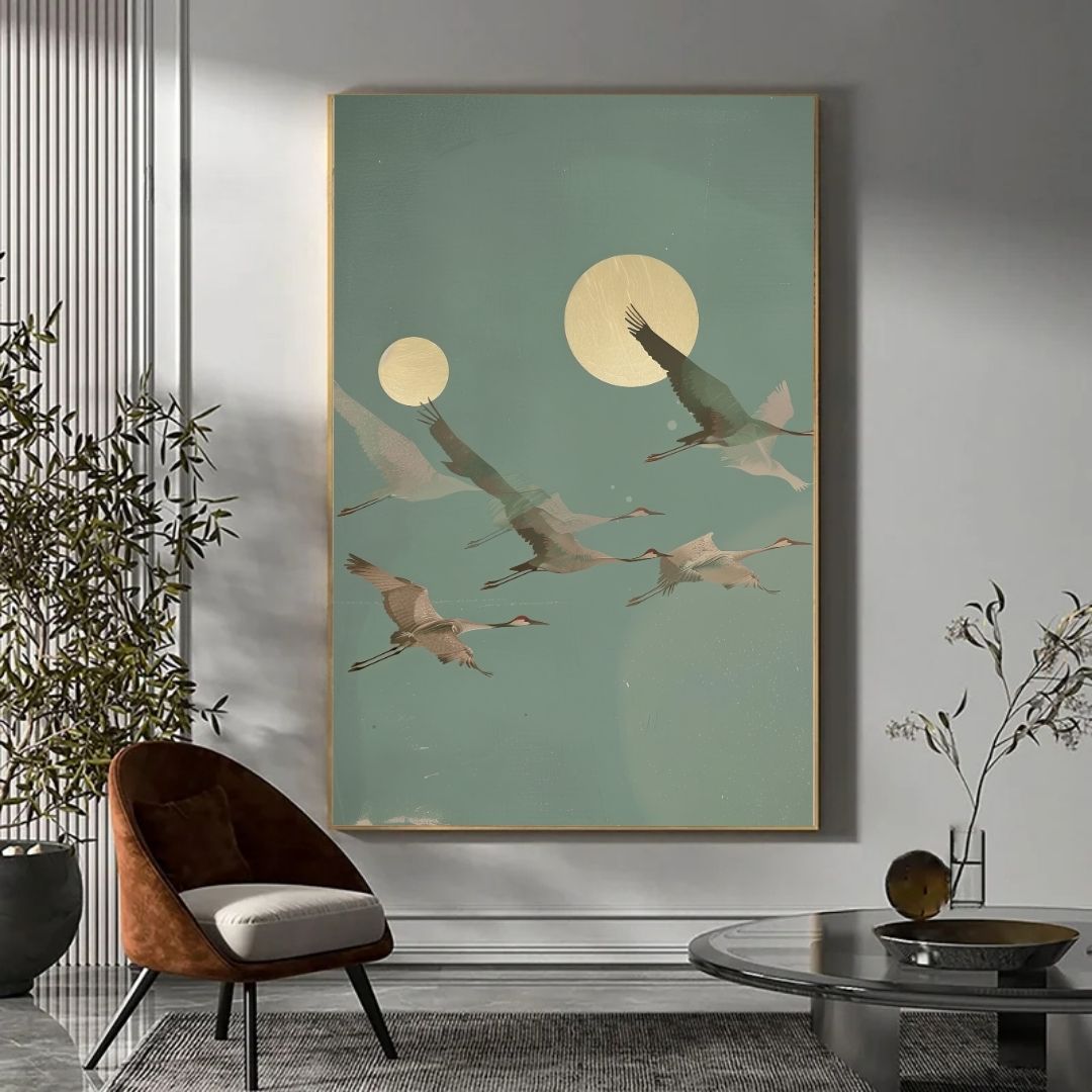 Japandi Crane Bird Moon Canvas Art Sage Pastel Tone Wall Art For Zen Living Room Bedroom Wall Decor