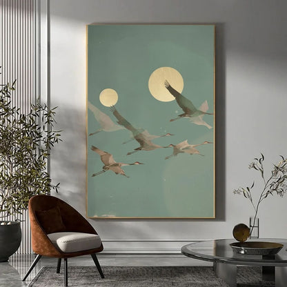Japandi Crane Bird Moon Canvas Art Sage Pastel Tone Wall Art For Zen Living Room Bedroom Wall Decor