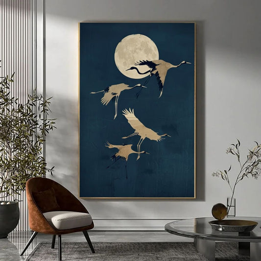 Japandi Crane Moon Canvas Wall Art Minimalist Bird Poster with Dark Night Sky for Tranquil Zen Decor