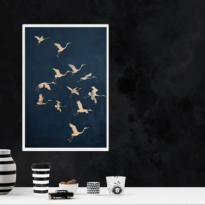 Japandi Crane Moon Canvas Wall Art Minimalist Bird Poster with Dark Night Sky for Tranquil Zen Decor