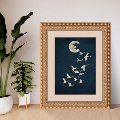 Japandi Crane Moon Canvas Wall Art Minimalist Bird Poster with Dark Night Sky for Tranquil Zen Decor