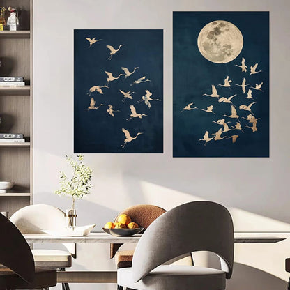 Japandi Crane Moon Canvas Wall Art Minimalist Bird Poster with Dark Night Sky for Tranquil Zen Decor
