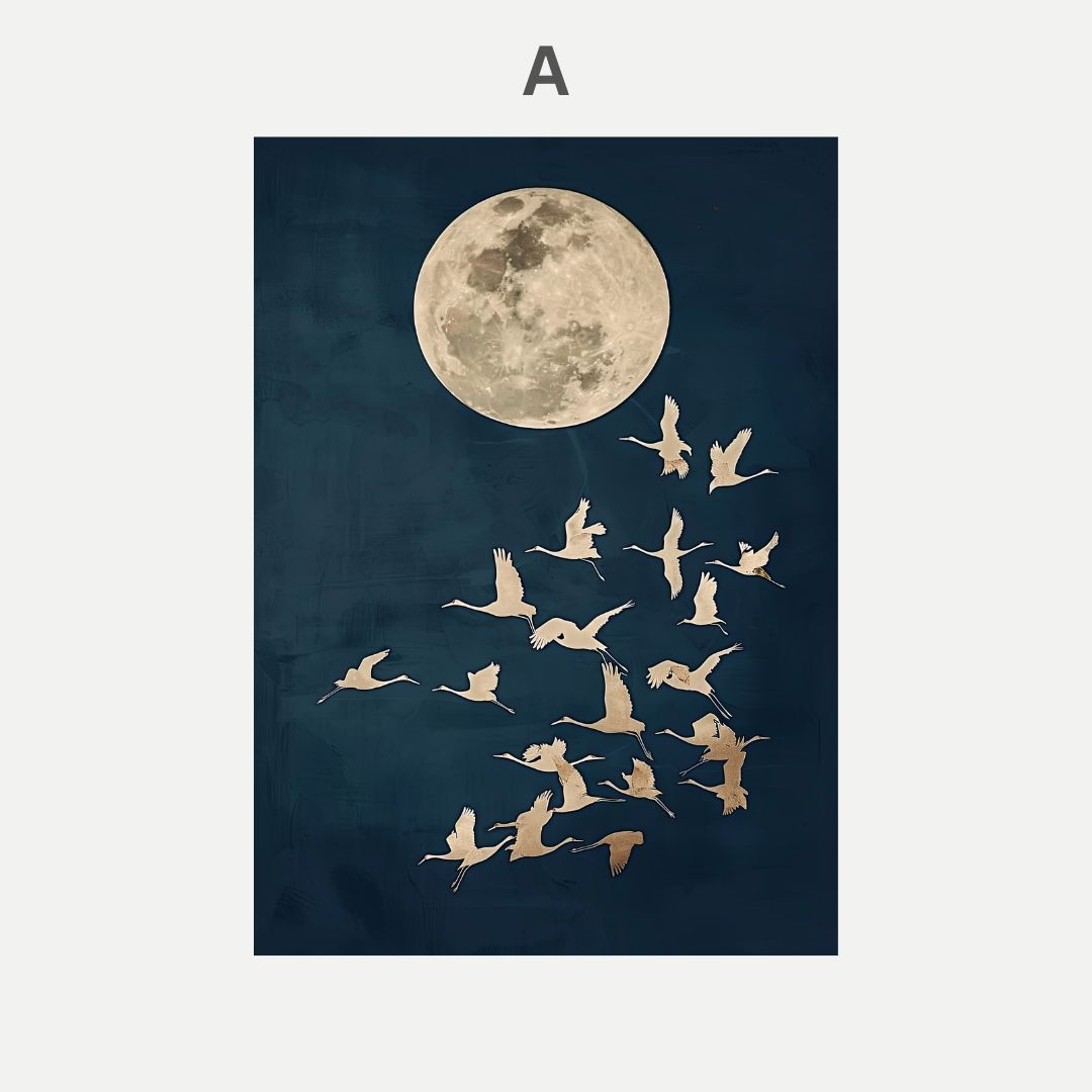 Poster with a moon and birds flying against a dark blue background