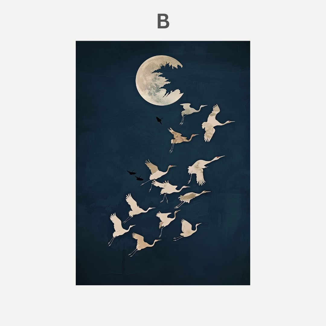 Artistic depiction of cranes flying under a crescent moon on a dark blue background