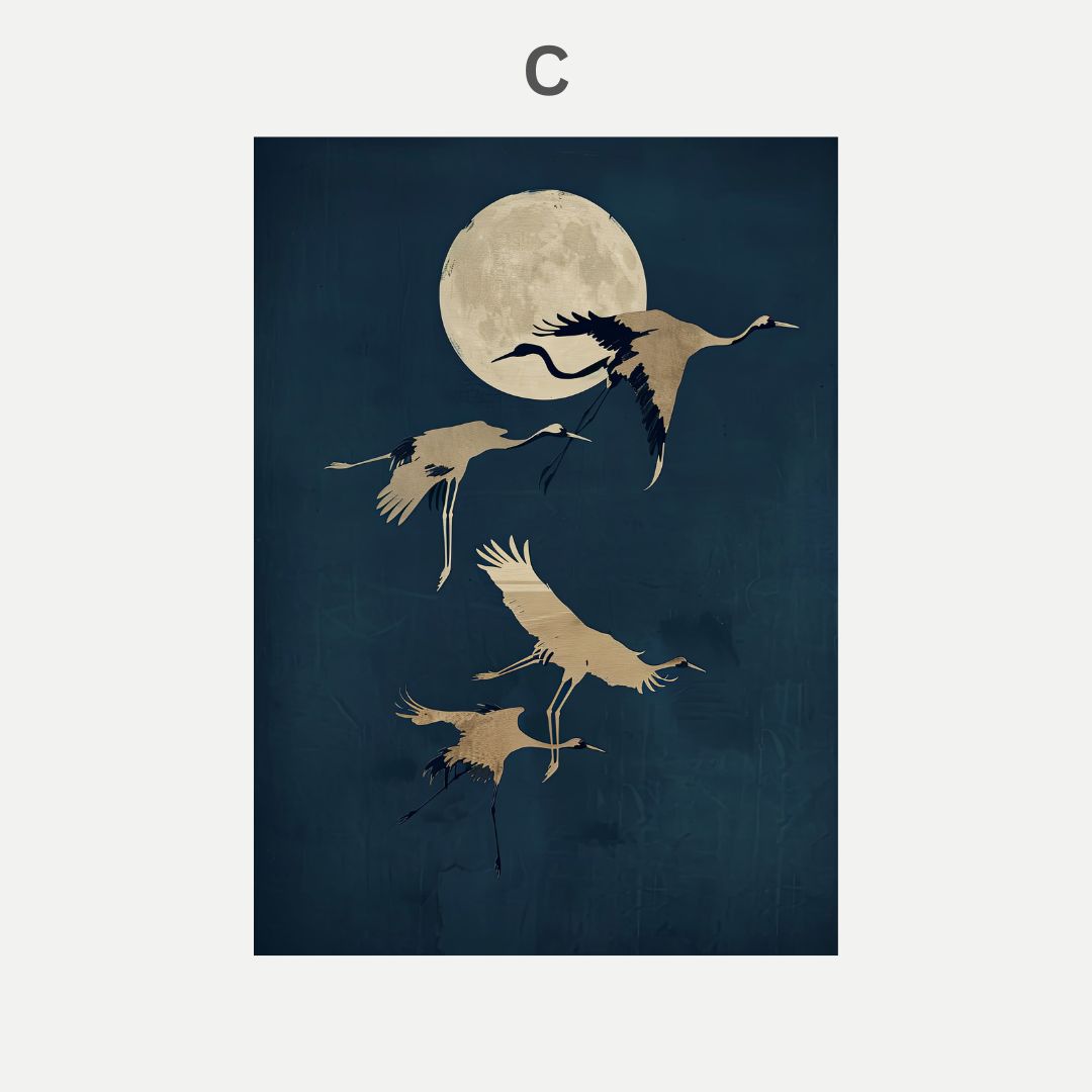 Art print with cranes and a moon on a dark blue background
