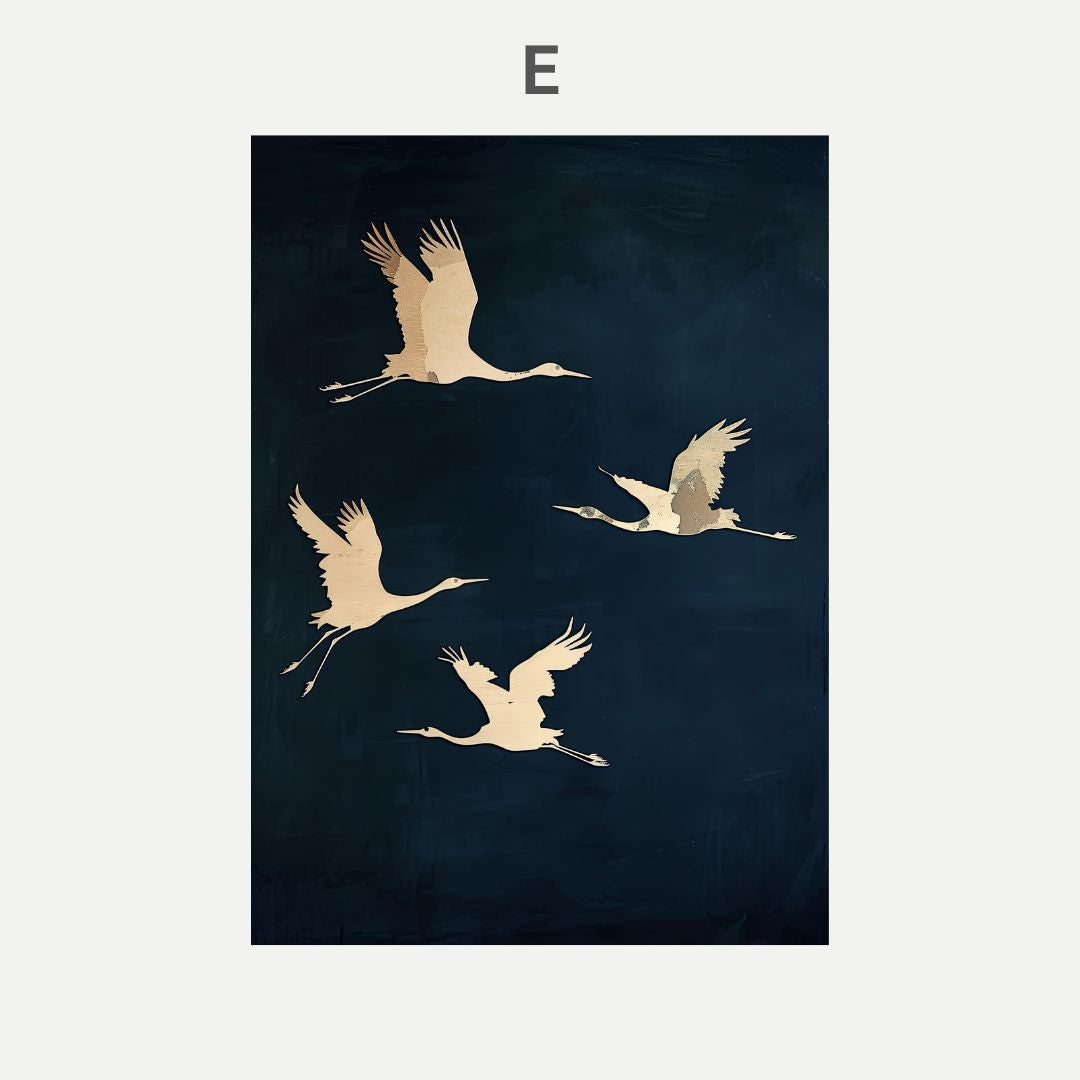 Silhouettes of cranes flying against a dark blue background