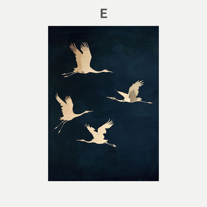 Silhouettes of cranes flying against a dark blue background