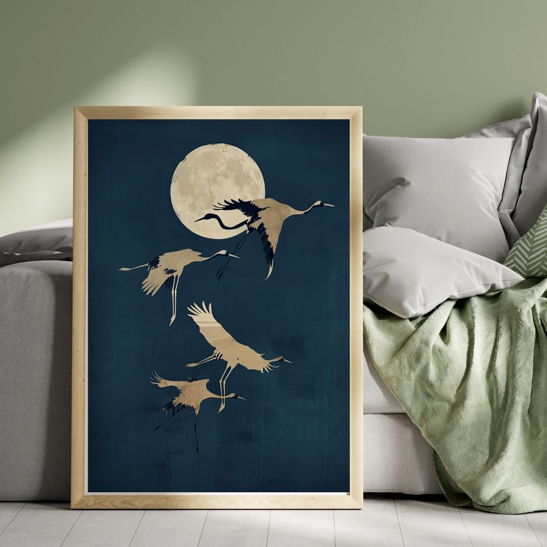 Japandi Crane Moon Canvas Wall Art Minimalist Bird Poster with Dark Night Sky for Tranquil Zen Decor