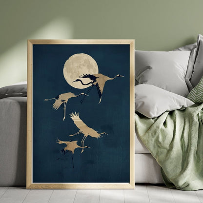 Japandi Crane Moon Canvas Wall Art Minimalist Bird Poster with Dark Night Sky for Tranquil Zen Decor
