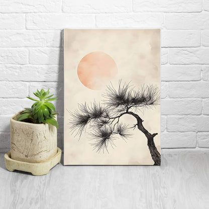 Japanese Pine Tree Sun Framed Wall Art Canvas Print