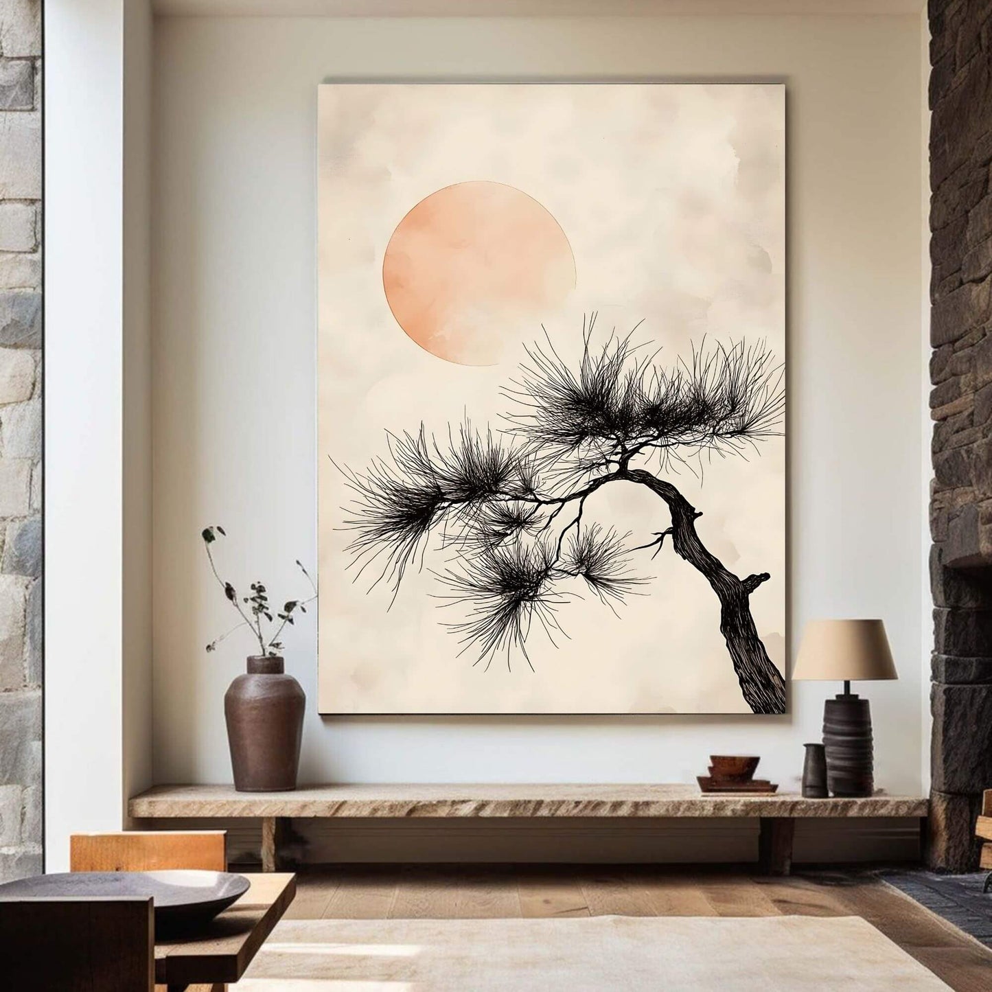 Japanese Pine Tree Sun Framed Wall Art Canvas Print