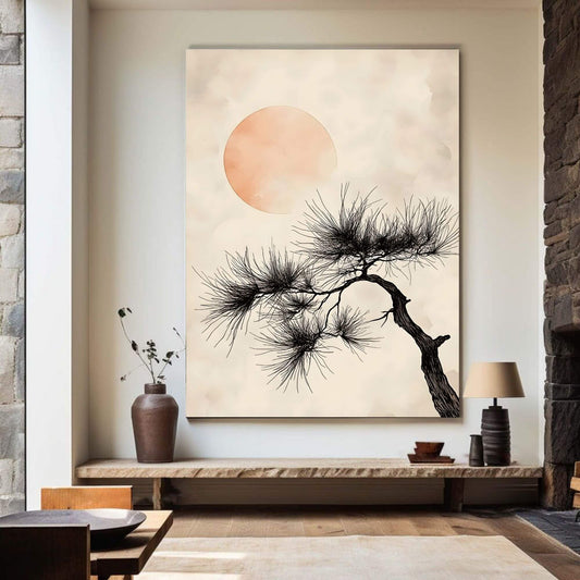 Japanese Pine Tree Sun Framed Wall Art Canvas Print