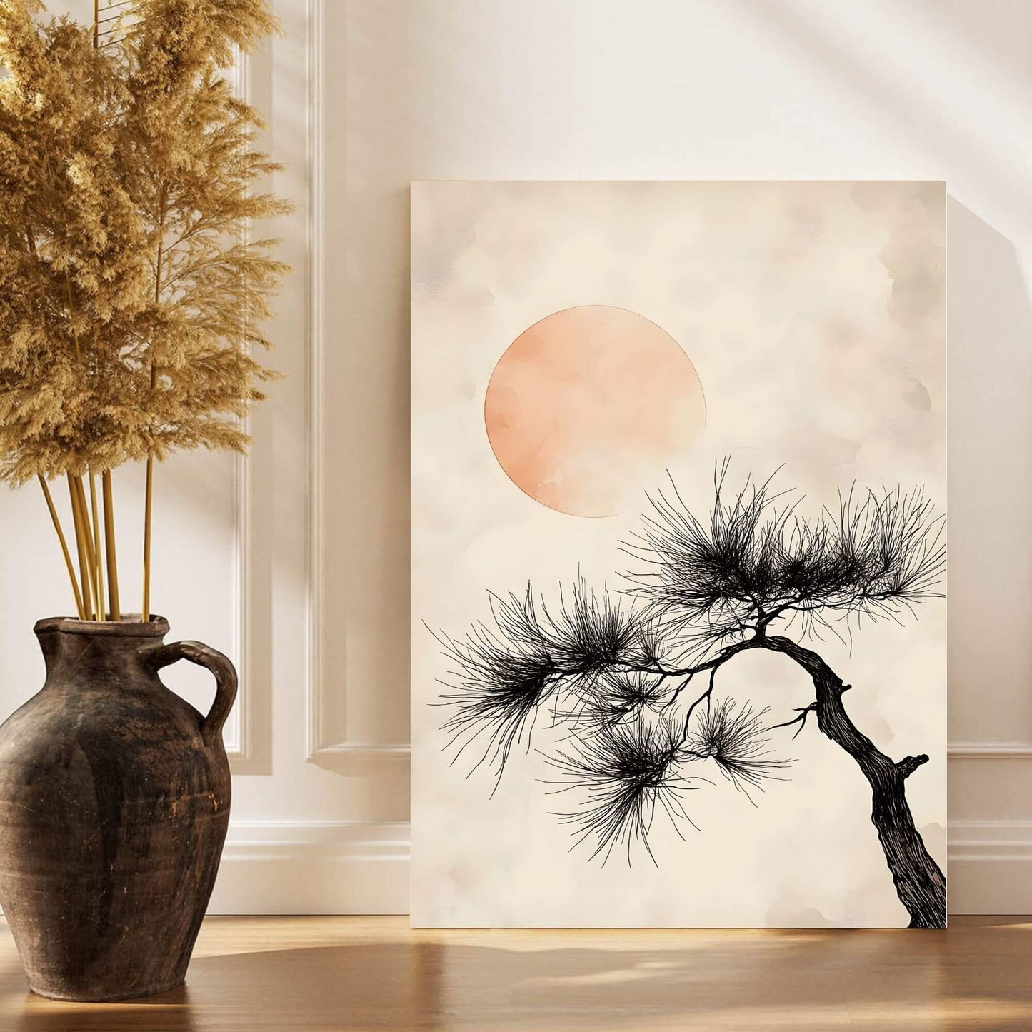 Japanese Pine Tree Sun Framed Wall Art Canvas Print
