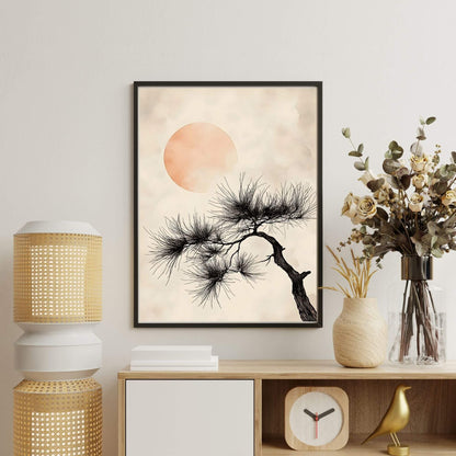 Japanese Pine Tree Sun Framed Wall Art Canvas Print