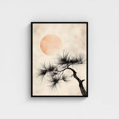 Japanese Pine Tree Sun Framed Wall Art Canvas Print