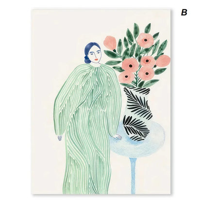 Japanese Style Floral Vase Woman Wall Art Canvas Print For Rustic Living Room Dining Room Décor