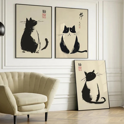 Japanese Vintage Black Ink Calligraphy Cat Wall Art Canvas Print Minimalist Black Cat Poster