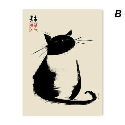Japanese Vintage Black Ink Calligraphy Cat Wall Art Canvas Print Minimalist Black Cat Poster